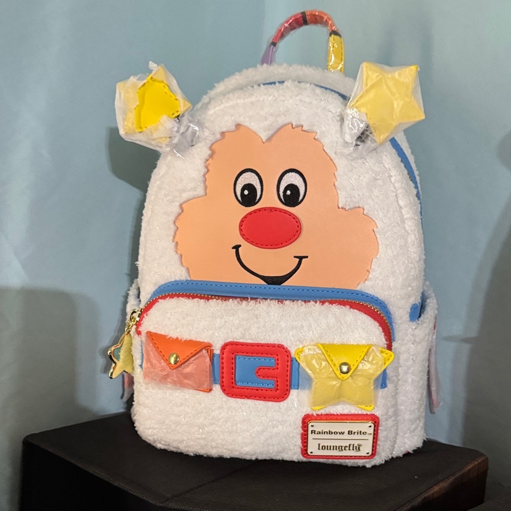 Loungefly White Rainbow Brite Plush Character Backpack with Yellow & Red Accents